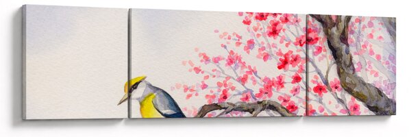 Obraz - ptak na drzewie z czerwonymi kwiatami (170x50 cm)