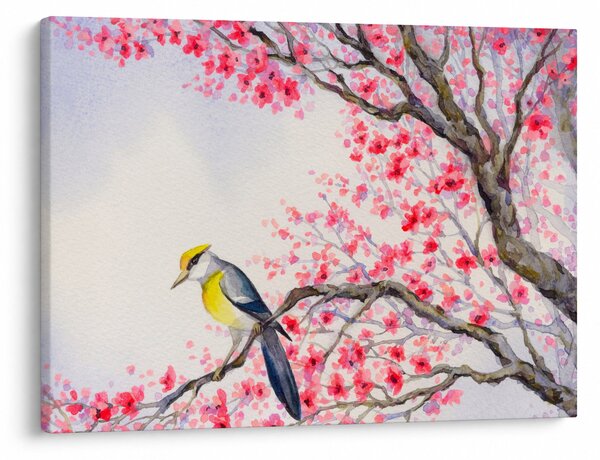 Obraz - ptak na drzewie z czerwonymi kwiatami (70x50 cm)