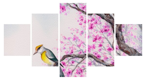 Obraz - ptak na drzewie z różowymi kwiatami (125x70 cm)