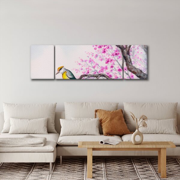 Obraz - ptak na drzewie z różowymi kwiatami (170x50 cm)