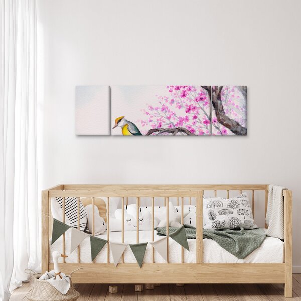 Obraz - ptak na drzewie z różowymi kwiatami (170x50 cm)