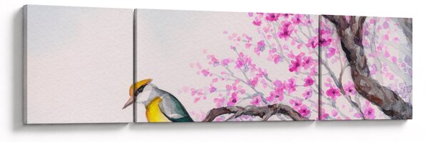 Obraz - ptak na drzewie z różowymi kwiatami (170x50 cm)