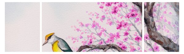 Obraz - ptak na drzewie z różowymi kwiatami (170x50 cm)