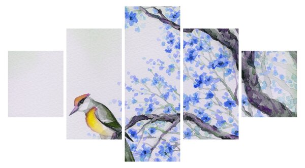 Obraz - ptak na drzewie z niebieskimi kwiatami (125x70 cm)