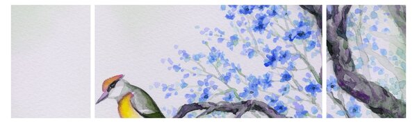 Obraz - ptak na drzewie z niebieskimi kwiatami (170x50 cm)