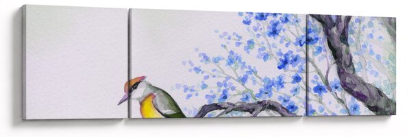 Obraz - ptak na drzewie z niebieskimi kwiatami (170x50 cm)
