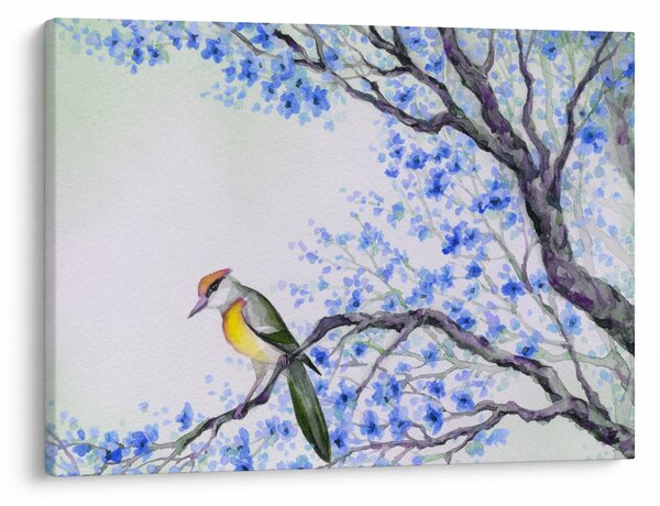 Obraz - ptak na drzewie z niebieskimi kwiatami (70x50 cm)