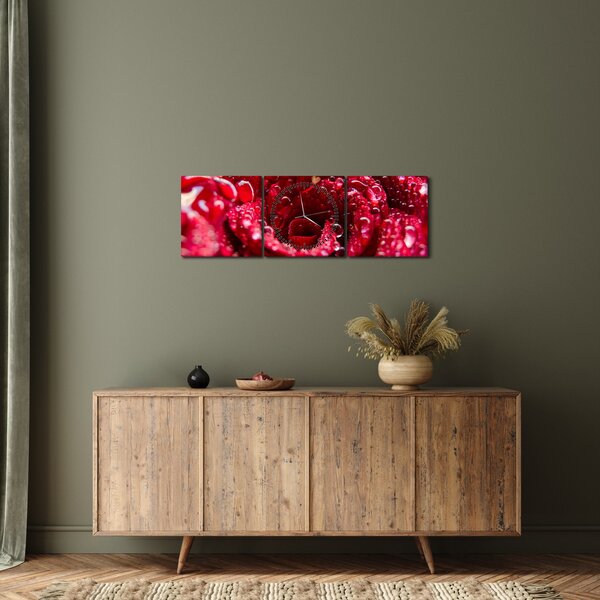 Obraz czerwonego kwiatu róży (z zegarem) (90x30 cm)