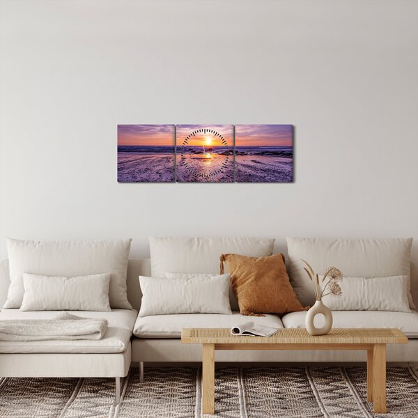 Obraz plaży - zachód słońca (z zegarem) (90x30 cm)