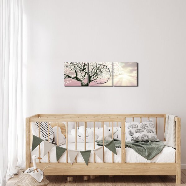 Obraz różowego drzewa (z zegarem) (90x30 cm)