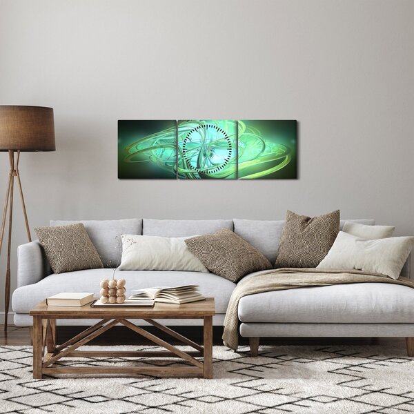 Obraz zielonej abstrakcji (z zegarem) (90x30 cm)