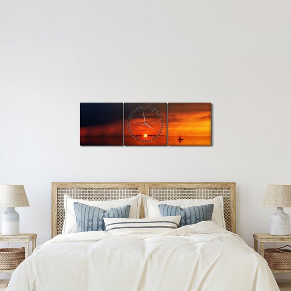 Obraz zachodu słońca z żaglówką (z zegarem) (90x30 cm)