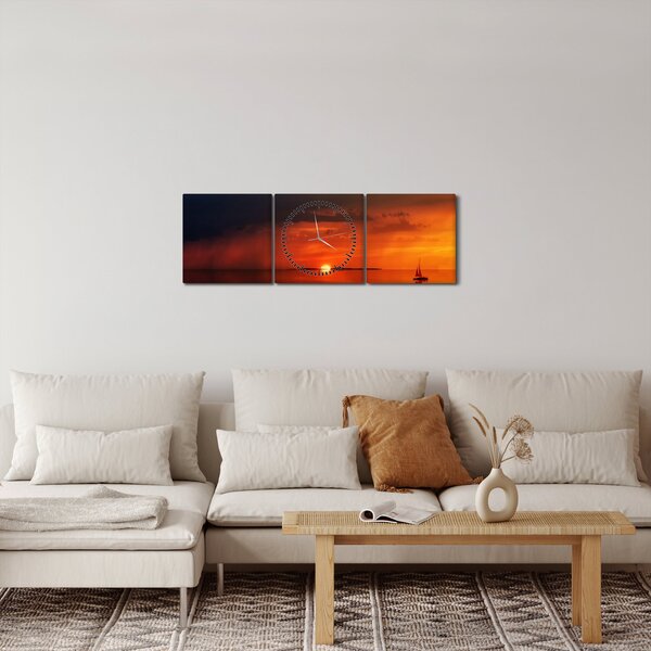 Obraz zachodu słońca z żaglówką (z zegarem) (90x30 cm)