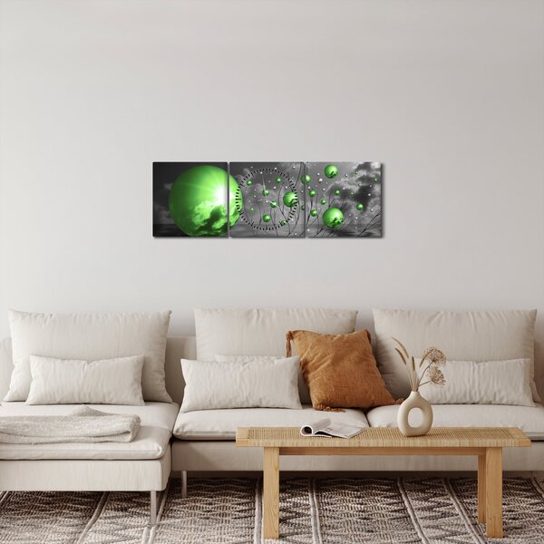 Obraz zielonych abstrakcyjnych kul (z zegarem) (90x30 cm)