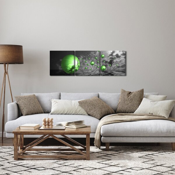 Obraz zielonych abstrakcyjnych kul (z zegarem) (90x30 cm)