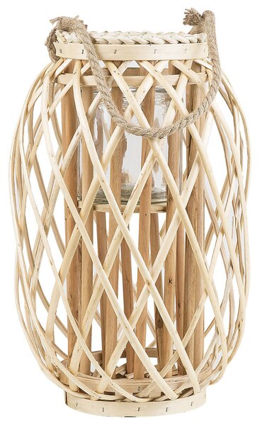Lampion dekoracyjny pleciony z uchwytem 40 cm drewniany jasny Mauritius Beliani