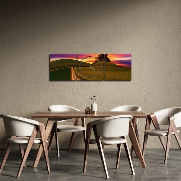 Obraz pola z zachodem słońca (z zegarem) (90x30 cm)