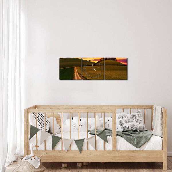 Obraz pola z zachodem słońca (z zegarem) (90x30 cm)