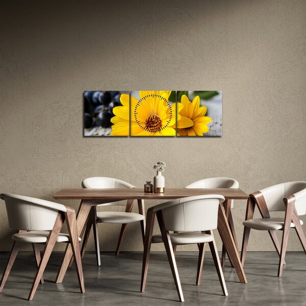 Obraz żółtych kwiatów (z zegarem) (90x30 cm)