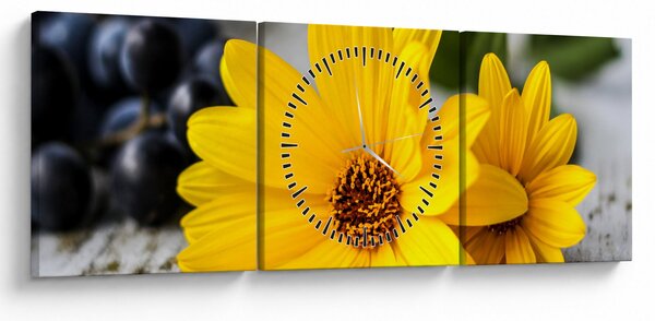 Obraz żółtych kwiatów (z zegarem) (90x30 cm)