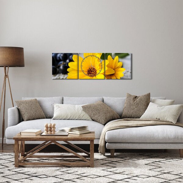 Obraz żółtych kwiatów (z zegarem) (90x30 cm)