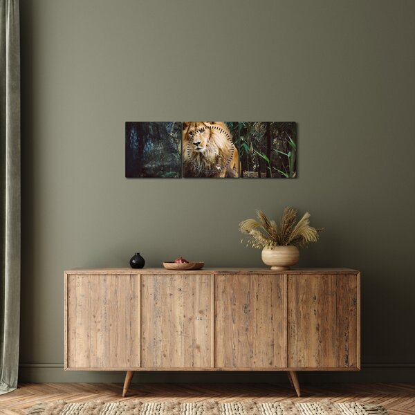 Obraz lwa w naturze (z zegarem) (90x30 cm)