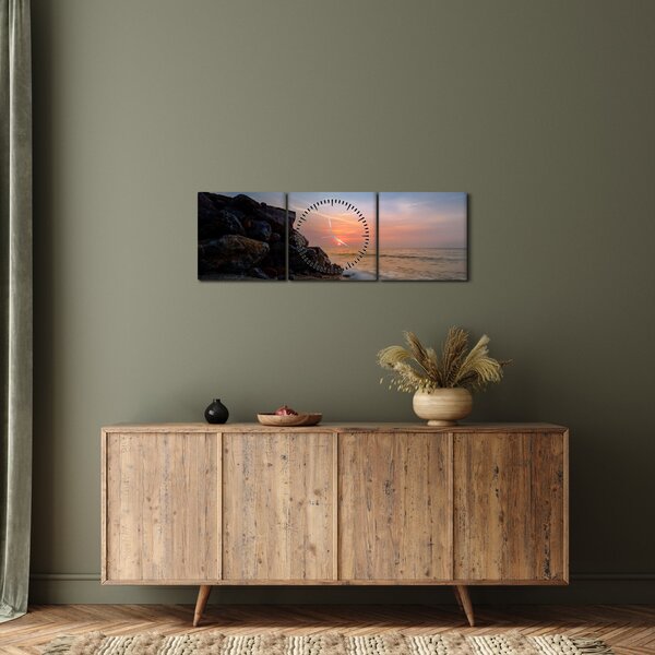 Obraz zachodu słońca na plaży (z zegarem) (90x30 cm)