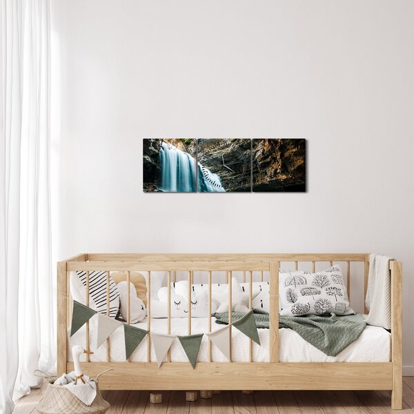 Obraz leśnego wodospadu (z zegarem) (90x30 cm)
