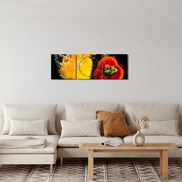 Obraz - papryki w wodzie (z zegarem) (90x30 cm)