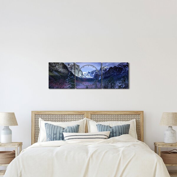 Obraz zimowego górskiego krajobrazu (z zegarem) (90x30 cm)