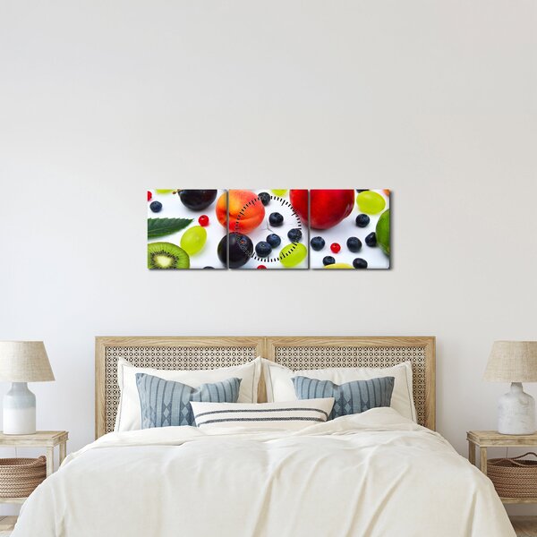 Obraz owoców z kroplami wody (z zegarem) (90x30 cm)