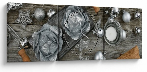 Obraz - srebrne ozdoby świąteczne (z zegarem) (90x30 cm)