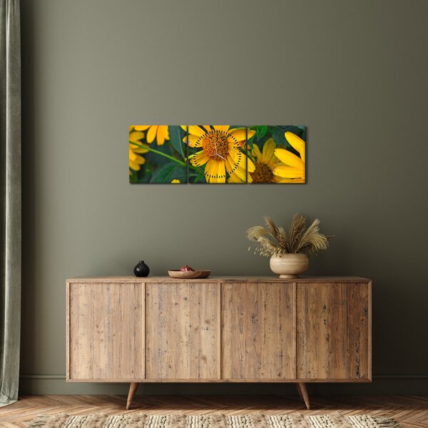 Obraz żółtych kwiatów (z zegarem) (90x30 cm)