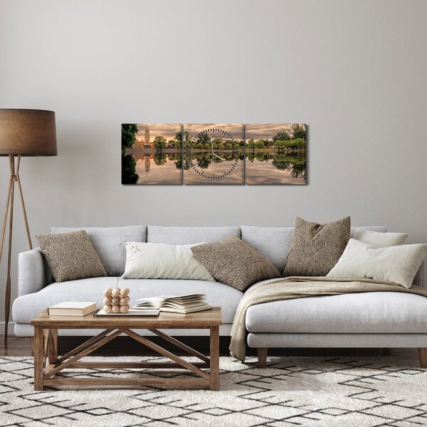 Obraz jeziora i drzew (z zegarem) (90x30 cm)