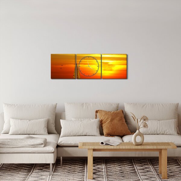 Obraz zachodu słońca z jachtem (z zegarem) (90x30 cm)