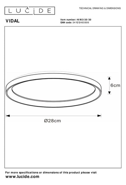 VIDAL LED 20W 2700K plafon czarny fi 28cm możliwość ściemniania