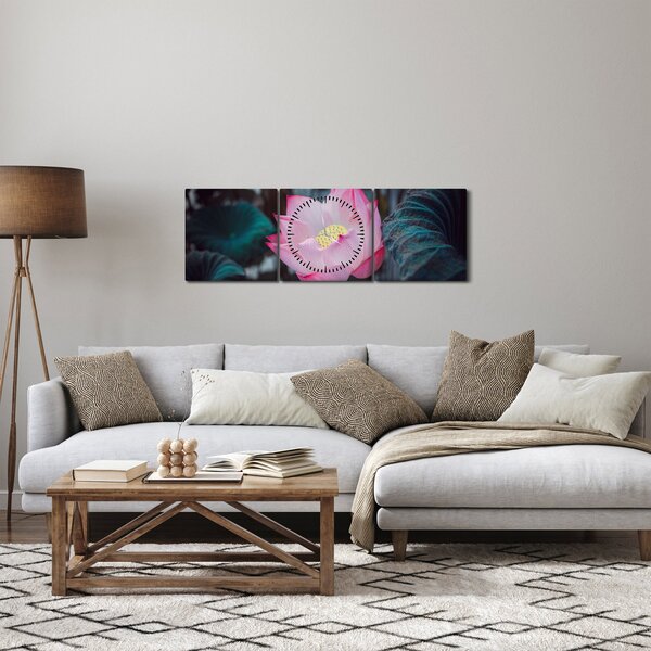 Obraz różowego kwiatu (z zegarem) (90x30 cm)