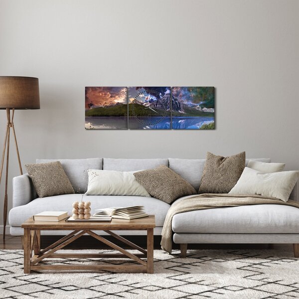Obraz jeziora i gór (z zegarem) (90x30 cm)