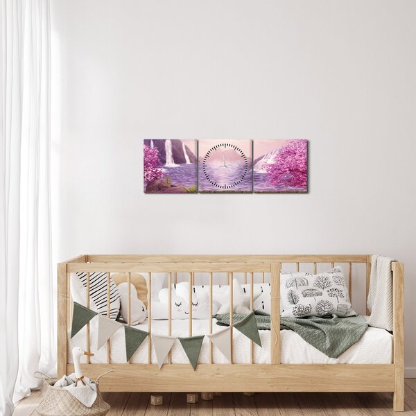 Obraz różowych drzew z jeziorem (z zegarem) (90x30 cm)