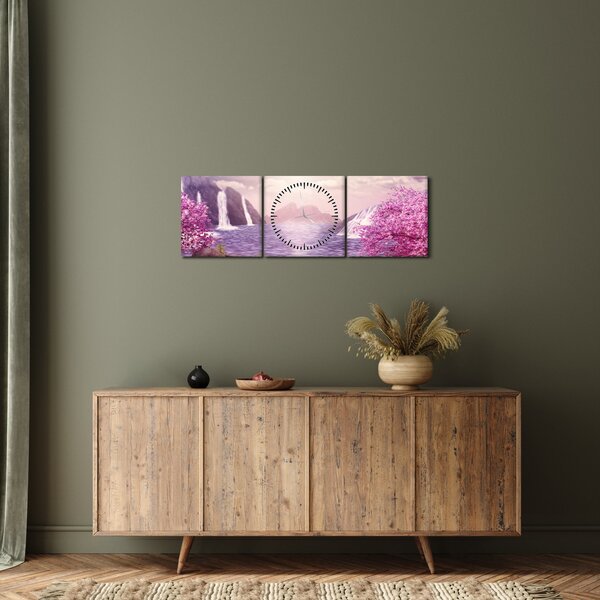 Obraz różowych drzew z jeziorem (z zegarem) (90x30 cm)