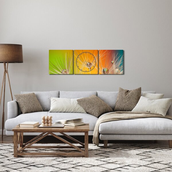 Obraz kropli na roślinie (z zegarem) (90x30 cm)
