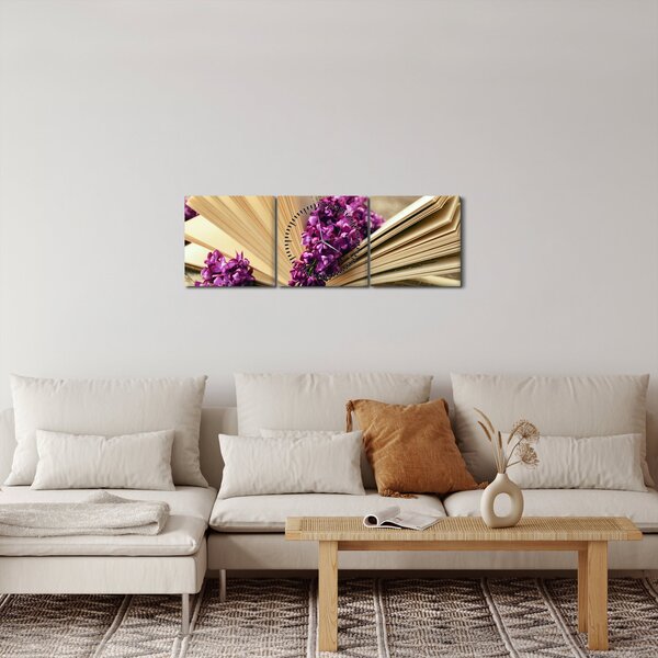 Obraz książki i fioletowych kwiatów (z zegarem) (90x30 cm)