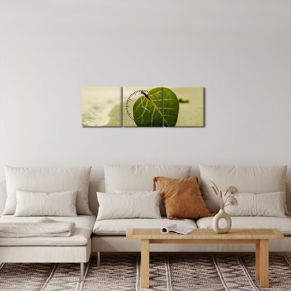 Obraz liścia w piasku (z zegarem) (90x30 cm)