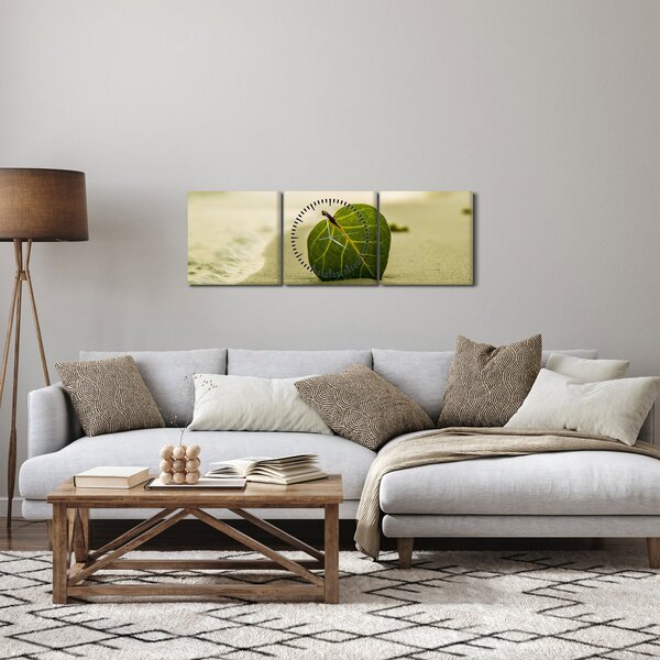 Obraz liścia w piasku (z zegarem) (90x30 cm)