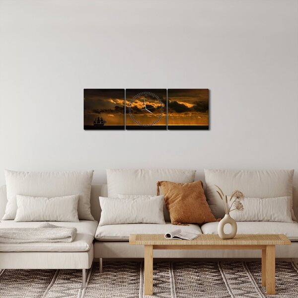 Obraz żaglówki o zachodzie słońca (z zegarem) (90x30 cm)