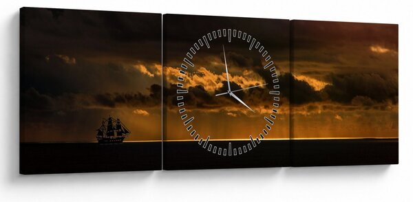 Obraz żaglówki o zachodzie słońca (z zegarem) (90x30 cm)