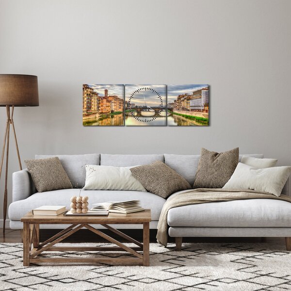 Obraz miasta z rzeką (z zegarem) (90x30 cm)