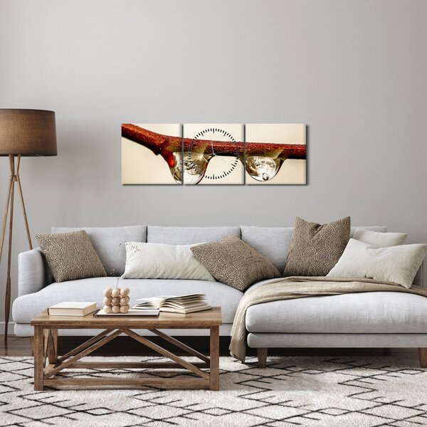 Obraz kropli na gałęzi (z zegarem) (90x30 cm)