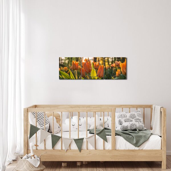 Obraz - pomarańczowe tulipany (z zegarem) (90x30 cm)