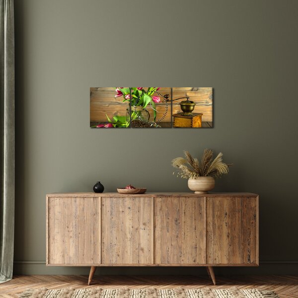 Obraz - tulipany, młynek i kawa (z zegarem) (90x30 cm)